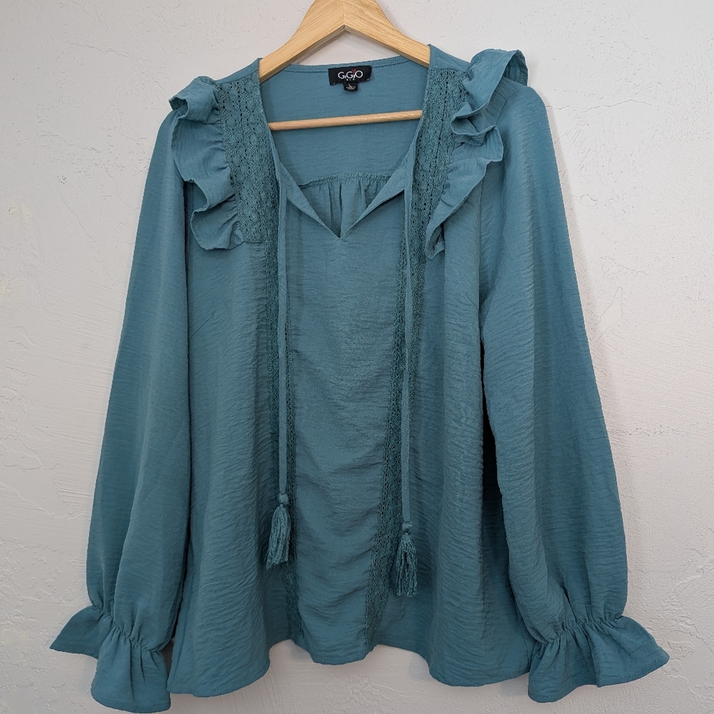 Teal Ruffle Boho Chic Cottage Romantic Peasant Blouse Business Casual Office